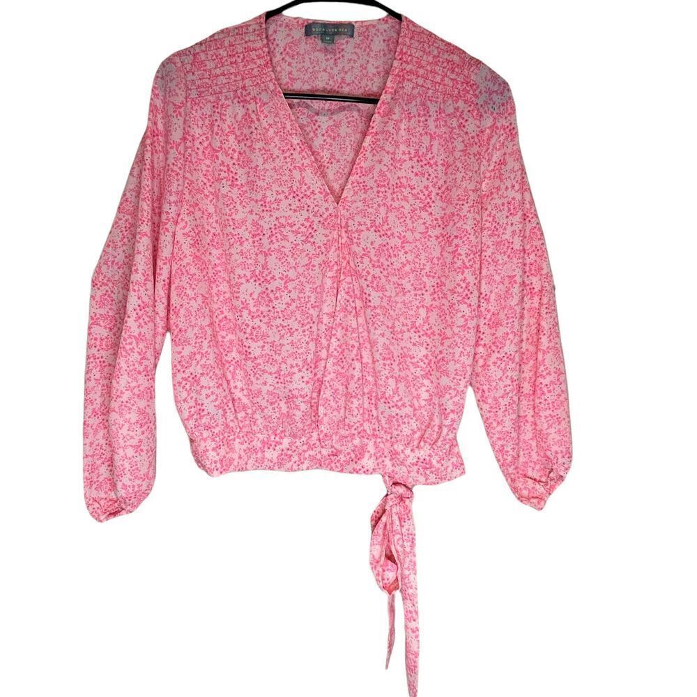 Good Luck Gem Top Blouse Shirt Women's Medium Pink Flowers Long Sleeves V-Neck
